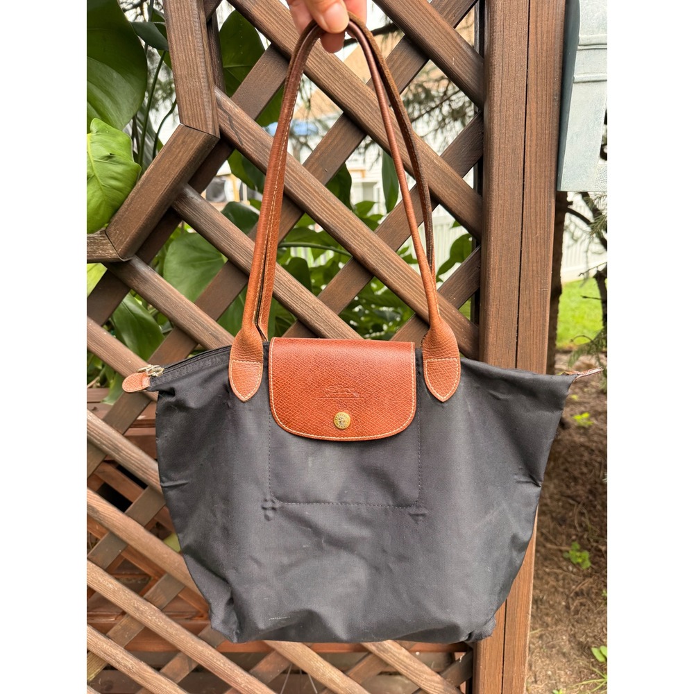 Longchamp Le Pliage Medium Shoulder Tote Bag Black Nylon Brown Leather Trim